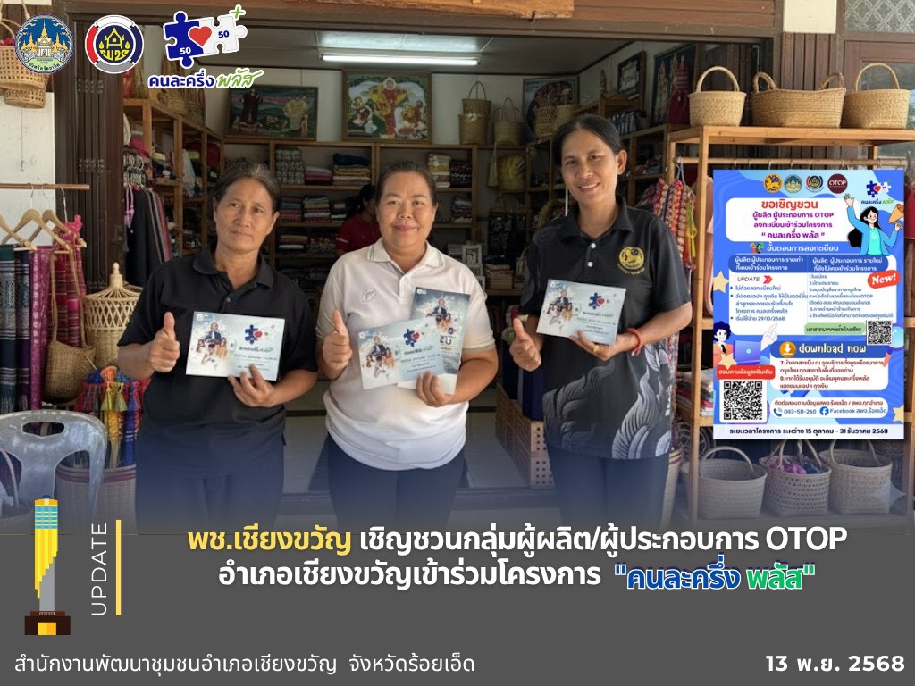 พช.เชียงขวัญ เชิญชวนกลุ่มผู้ผลิต/ผู้ประกอบการ OTOP อำเภอเชียงขวัญ เข้าร่วมโครงการ "คนละครึ่งพลัส"