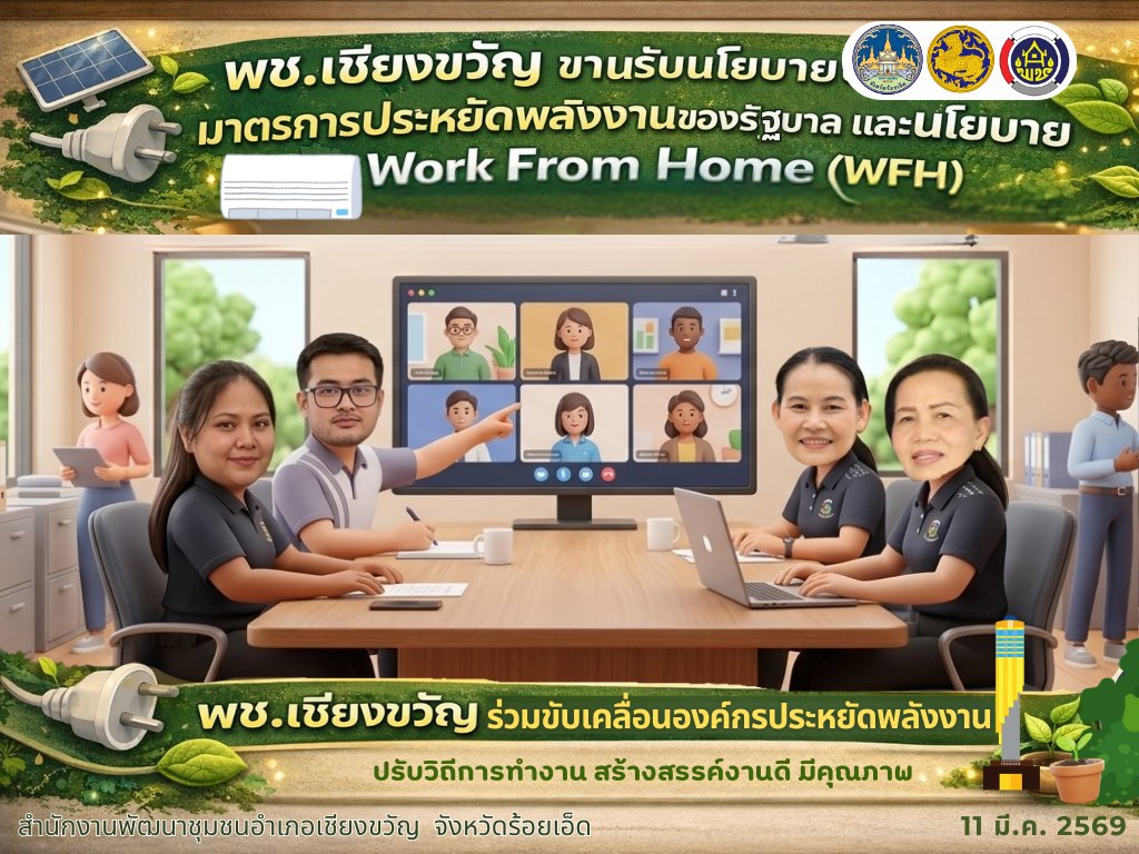 พช.เชียงขวัญ ขานรับนโยบายมาตรการประหยัดพลังงานของรัฐบาล และนโยบาย Work From Home